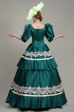 Green Lantern Sleeves High Waisted Lace Stitching Hollow Embroidery Print Victorian Lolita Tiered Dress -LolitaInside b59ed8ba7b5ab78477ceafb9797c3f57