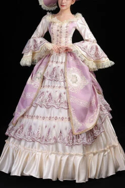 Pink/Champagne Trumpet Sleeves High Waisted Ruffled Multi-Layer Hollow Embroidery Print Victorian Lolita Prom Dress