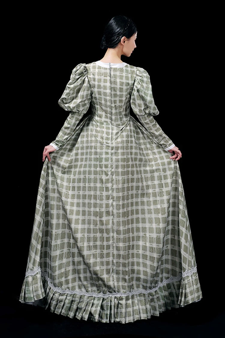 Dark Green Long Sleeves Plaid Print High Waisted Ruffled Victorian Lolita Prom Dress 7 Dark Green Long Sleeves Plaid Print High Waisted Ruffled Victorian Lolita Prom Dress - Image 5