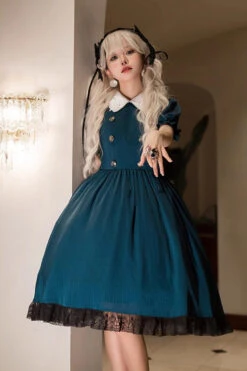 Dark Green Otherworld Deacon Detachable Apron Short Sleeves Gothic Lolita Dress -LolitaInside b6578151124827f94778b70177e5d820