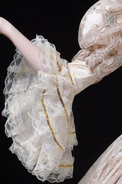 Champagne Trumpet Sleeves Lace Stitching High Waisted Hollow Embroidery Print Victorian Lolita Prom Dress -LolitaInside b6a068ff3423fbe071dbbaac10962742