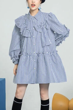 Blue Plaid Print Bow Ruffled Long Sleeves Single Breasted Sweet Lolita OP Dress