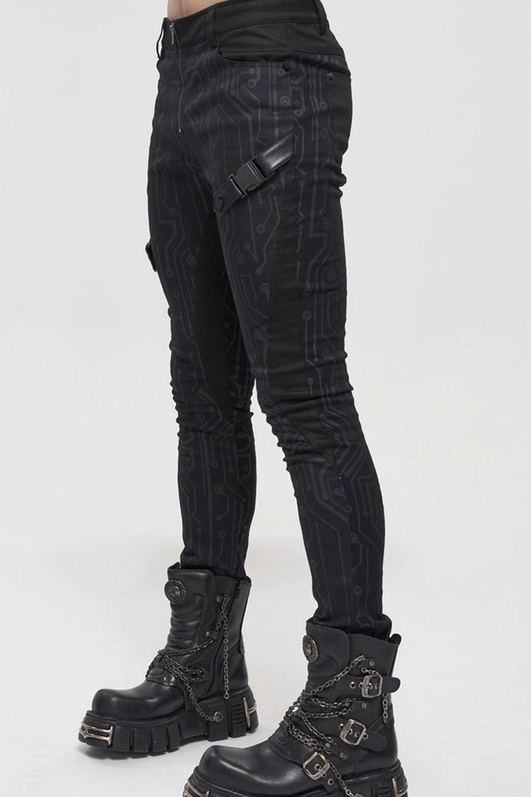 Black Punk Casual Circuit Diagram Print Asymmetric Decoration Men's Long Pants 8 Black Punk Casual Circuit Diagram Print Asymmetric Decoration Men's Long Pants - Image 6
