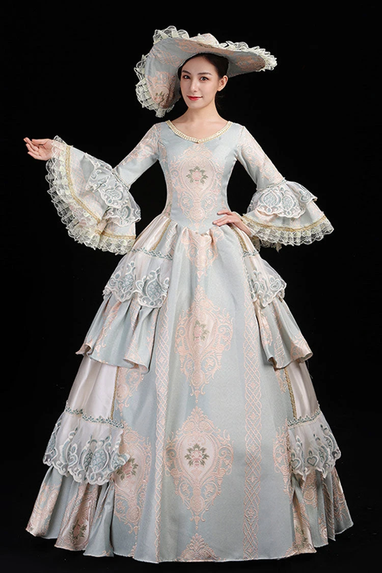 Light Blue Hime Sleeves High Waisted Round Collar Lace Stitching Hollow Embroidery Flower Print Victorian Lolita Prom Dress 4 Light Blue Hime Sleeves High Waisted Round Collar Lace Stitching Hollow Embroidery Flower Print Victorian Lolita Prom Dress - Image 2