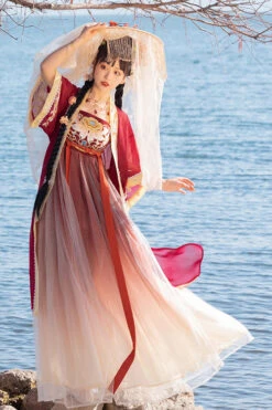 Chinese Tang Dynasty Design Style Embroidered Chiffon Short Sleeves Sweet Hanfu Dress -LolitaInside b81313d196bc9b1f64a9eb2c0cc67a56