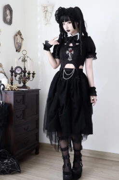 Black Rose Embroidered Cutout Top Irregular Short Sleeves Gothic Lolita Dress Set -LolitaInside b867849a8e893bebcb89b003bf85a66e