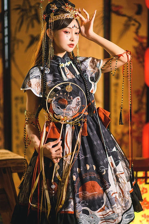 Black Chinese Style Chang'e Flying To The Moon Print Ruffled Classic Lolita OP Dress 5 Black Chinese Style Chang'e Flying To The Moon Print Ruffled Classic Lolita OP Dress - Image 3