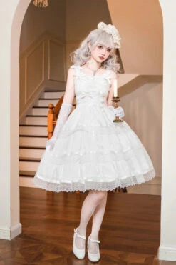 White Sleeveless Multi-layer Ruffle Bowknot Sweet Princess Lolita Jsk Dress -LolitaInside b8ce359b24e20ca7c77adbe432acda24