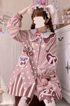 Pink Doll Lapel Collar Single Breasted Lantern Long Sleeves Bear Print Sweet Lolita OP Dress -LolitaInside b92045f5e76ff72539a218e0b160f94e