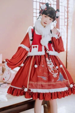 Red Lion Stepping On Hydrangea Print Bowknot Long Sleeves Multi-Layer Ruffled Sweet Lolita OP Dress -LolitaInside b9363bc935cccb08c518e60bfe677e25
