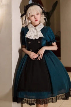 Dark Green Otherworld Deacon Detachable Apron Short Sleeves Gothic Lolita Dress -LolitaInside bacbc9b331bd524919fd37effd1b6deb