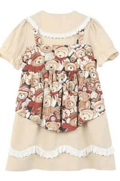 Beige Vintage Doll Collar Bear Print Fake Two Pieces Short Sleeves Sweet Lolita Dress -LolitaInside baeb6ffacfff60011685288a8f7937ba