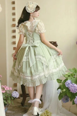 Green Doll Window Ruffle Sweet Lolita Jsk Tiered Dress -LolitaInside bb14e9b373e3fd4156c6e9cef716a3cf