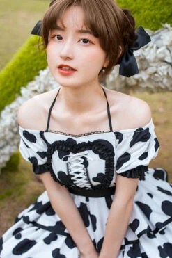 White/Black Halter Neck Puff Sleeve Ruffled Cow Print Sweet Lolita OP Dress -LolitaInside bb887df162462a5458712307355b00fd