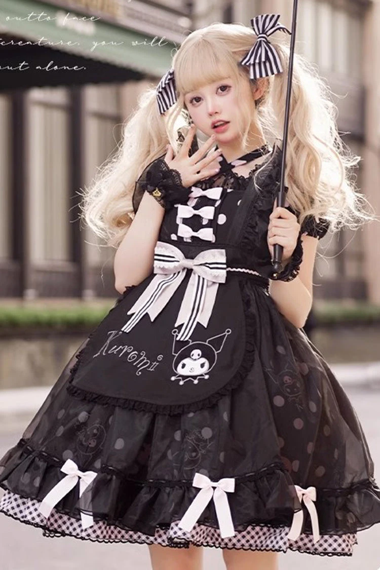 Black Short Sleeves Kulomi Print Ruffle Bowknot Alice Sweet Lolita Dress 6 Black Short Sleeves Kulomi Print Ruffle Bowknot Alice Sweet Lolita Dress - Image 4