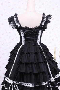 Black/White Cap Sleeves Ruffled Bowknot Lace Trim Gothic Lolita Dress -LolitaInside bbe8b31775b2436e988bfc16dc057db8