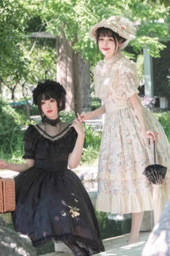 Multi-Color Daisy Print Cherry Embroidery Edwardian Collar Short Sleeves Sweet Lolita Dress -LolitaInside bc3a4de3c46ea94cc6292c357dc208d4