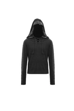 Black Chest Lace Up Vertical Stripes Woolen Splice Bright Crimped Fabric Hooded Men's Punk T-Shirt -LolitaInside bcc4906c836448d166d5ac5c957e1cab