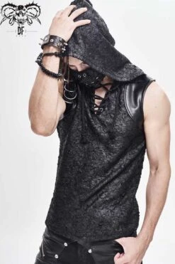 Black Hooded Tattered Chest Lace Up Metal Buckle Knit Men's Punk Vest -LolitaInside bcef6b8a3e5676bc4b6884d90cdd87b5