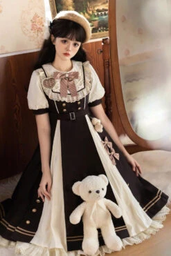 Black/White Chocolate Workshop Long Version Elegant Short Puff Sleeves Sweet Lolita Dress -LolitaInside bdbe8533e7a6555126fdae415d6904e4