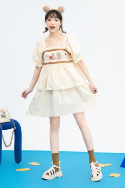 Beige Vintage Square Collar Ruffled Short Sleeves Cartoon Bear Print High Waisted Sweet Lolita Dress -LolitaInside bdf584a79d68f29b7a944a46360908c7