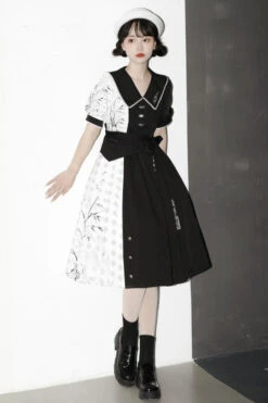 Black/White Stitching Chinese Style Bamboo Print High Waisted Sweet Lolita Dress -LolitaInside be3e76fcfd3f68cadaaefdb478eb7e49