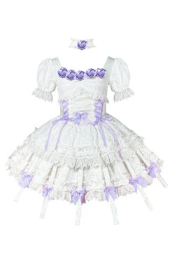 White/Purple Puff Short Sleeves Princess Gothic Lolita Tiered Dress -LolitaInside be92d81928a80cc2f2c4e527b3691a81