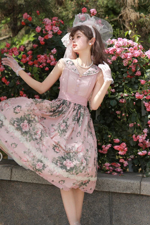 Pink Elegant Vintage French Rose Floral Print V Collar Sleeveless Ruffled Classic Lolita JSK Dress 7 Pink Elegant Vintage French Rose Floral Print V Collar Sleeveless Ruffled Classic Lolita JSK Dress - Image 5