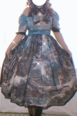 Multi-Color Square Collar Lace Short Sleeves Oil Painting Print Plus Size High Waisted Classic Lolita OP Dress