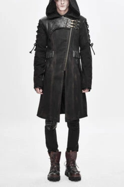 Brown Hooded Denim Tattered Long Mens Punk Coat