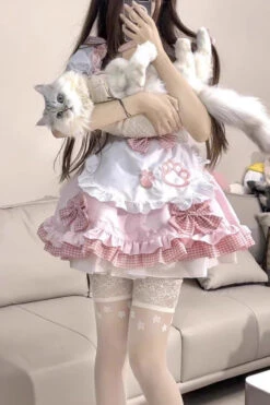 Pink/White Plus Size Short Sleeves Cat Paw Print Sweet Lolita Maid Dress -LolitaInside bfb399cfc14da8ca53ec0edfe55699e8