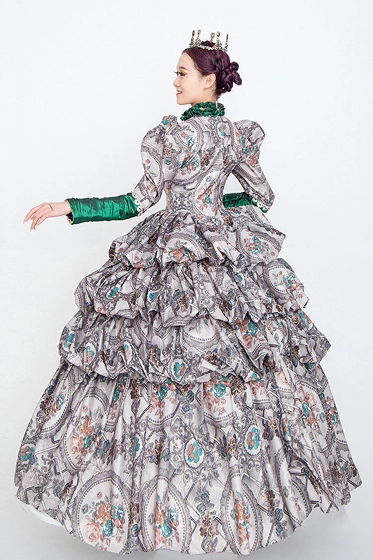 Gray Long Sleeves High Collar Embroidery Floral Print Wave Fold Victorian Lolita Prom Dress 7 Gray Long Sleeves High Collar Embroidery Floral Print Wave Fold Victorian Lolita Prom Dress - Image 5