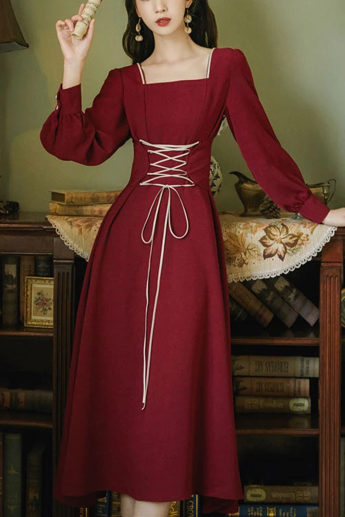 Wine Solid European Manor Square Collar Long Sleeves High Waisted Classic Lolita OP Dress 3 Wine Solid European Manor Square Collar Long Sleeves High Waisted Classic Lolita OP Dress
