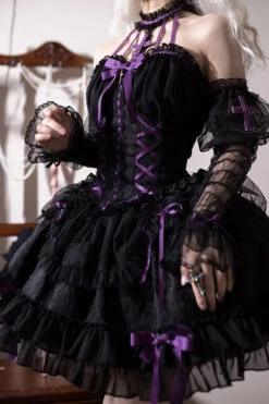 Black Purple Tube Top Sleeveless Blowknot Ruffled Gothic Lolita Tiered Dress -LolitaInside c16722573be5343286d420e7d7b7a076