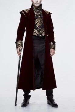Black/Red Jacquard Gold Faded Buttons Fleece Long Men's Gothic Coat