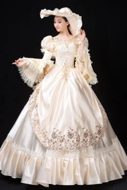 White Court Style High Waisted Flowers Decoration Hime Sleeves Victorian Lolita Prom Dress -LolitaInside c2a4fe130ddda855254fe2f76a346e34