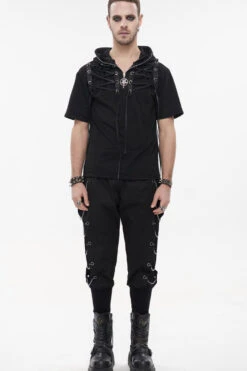 Black Punk Short Sleeve Metal Zipper Lace-Up Knit Loose Casual Hooded Men's T-Shirt -LolitaInside c2c6aed5bb682e2930f870ae037d4889