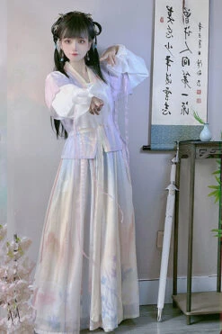 Multi-Color Chinese Style Tang Dynasty Round Collar Print Sweet Hanfu Dress Full Set -LolitaInside c31aa01db3c3e30623290a420407cb96