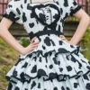 White/Black Halter Neck Puff Sleeve Ruffled Cow Print Sweet Lolita OP Dress -LolitaInside c3aebe3e3db0ed455fdda1c71a2d4486