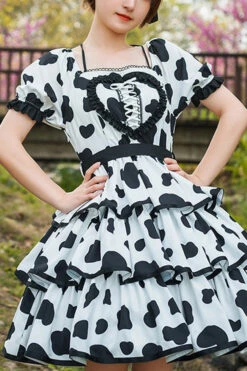 White/Black Halter Neck Puff Sleeve Ruffled Cow Print Sweet Lolita OP Dress