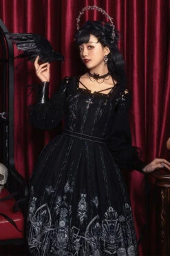 Dark Black Eye Of Red Heart Print Square Collar Cross High Waisted Gothic Lolita Jsk Dress -LolitaInside c3d7b22ba08006ae11ba6a3a76b7bf96