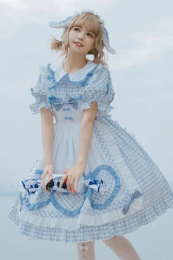 Light Blue Love Plaid Print Bowknot Short Sleeves Princess Sweet Lolita OP Dress (Apron Is Included) -LolitaInside c41e9246ad3730381786a52b9640fc6a