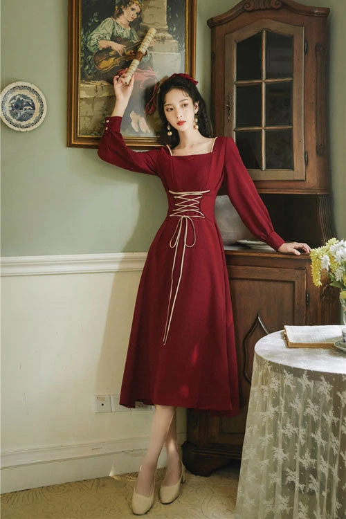 Wine Solid European Manor Square Collar Long Sleeves High Waisted Classic Lolita OP Dress 4 Wine Solid European Manor Square Collar Long Sleeves High Waisted Classic Lolita OP Dress - Image 2