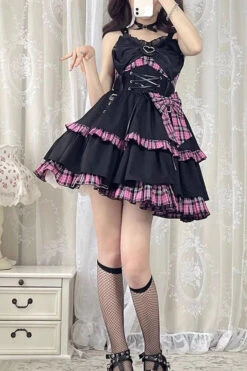Black/Pink Plaid Print Color Contrast Leather Buckle Bowknot Ruffle Gothic Lolita JSK Dress 16 Black/Pink Plaid Print Color Contrast Leather Buckle Bowknot Ruffle Gothic Lolita JSK Dress -LolitaInside c58e34ffef6f6b4a54baf3dd74abe9c4