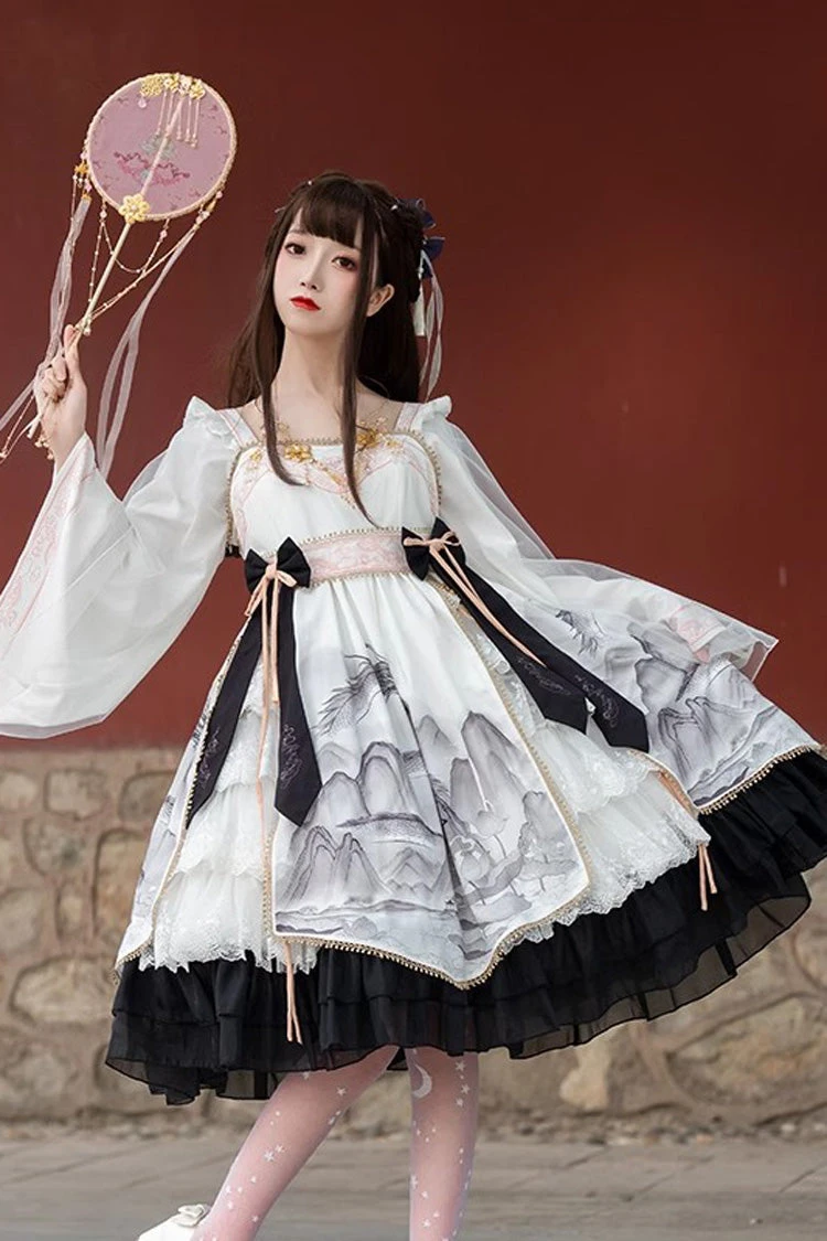 Chinese Style Long Sleeves Landscape Painting Print Bowknot Sweet Elegant Lolita Dress 2 Colors 8 Chinese Style Long Sleeves Landscape Painting Print Bowknot Sweet Elegant Lolita Dress 2 Colors - Image 6