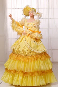 Yellow Hime Sleeves High Waisted Lace Stitching Gem Button Multi-Layer Victorian Lolita Prom Dress -LolitaInside c5f15bbd25d073042f42759aff6dc467