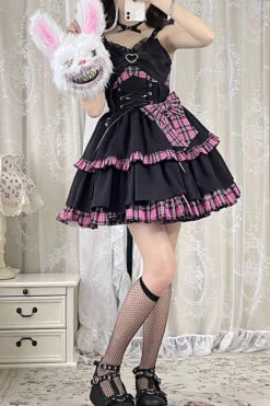 Black/Pink Plaid Print Color Contrast Leather Buckle Bowknot Ruffle Gothic Lolita JSK Dress 17 Black/Pink Plaid Print Color Contrast Leather Buckle Bowknot Ruffle Gothic Lolita JSK Dress -LolitaInside c6e1c5aa5562151e9c81c002c80e693d