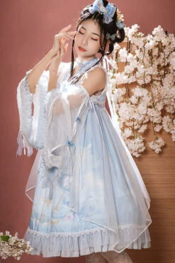 Light Blue Dreamland Chinese Style Bowknot Ruffled High Waisted Sweet Lolita JSK Dress -LolitaInside c7975b8d96a7bc0450065747471b2a6a