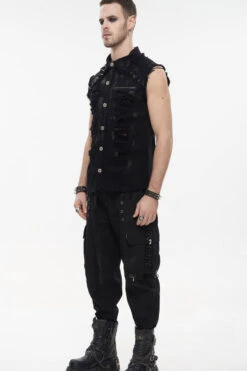 Black Punk Standing Collar Irregular Hand-Painted Sleeveless Metal Decoration Tattered Men's Shirt -LolitaInside c7d8208a0c42c4fa8f4247cdb3bb4dff