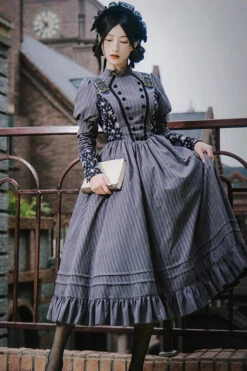 Gray Stripes Print Long Sleeves Classic Lolita Dress -LolitaInside c869dd98392ec511b7d03f903ad97d86